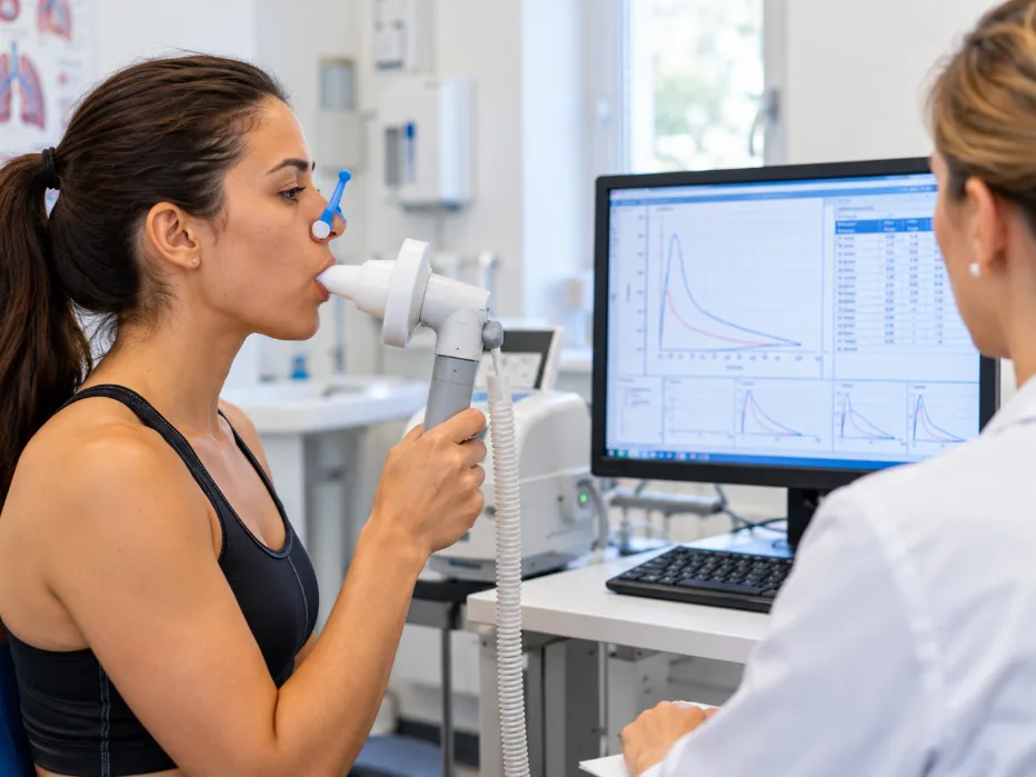 aziente durante un esame spirometrico con boccaglio e stringinaso, mentre un'operatrice sanitaria controlla i parametri della funzionalità respiratoria sul monitor.