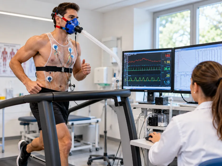 Atleta durante un test funzionale su tapis roulant con maschera respiratoria e sensori per il monitoraggio dei parametri fisiologici, sotto la supervisione di un'operatrice sanitaria.