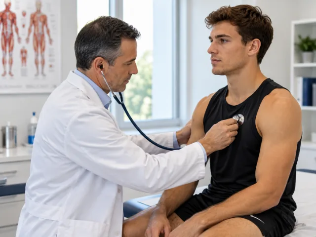 Medico durante una visita di idoneità sportiva con auscultazione del torace di un paziente.