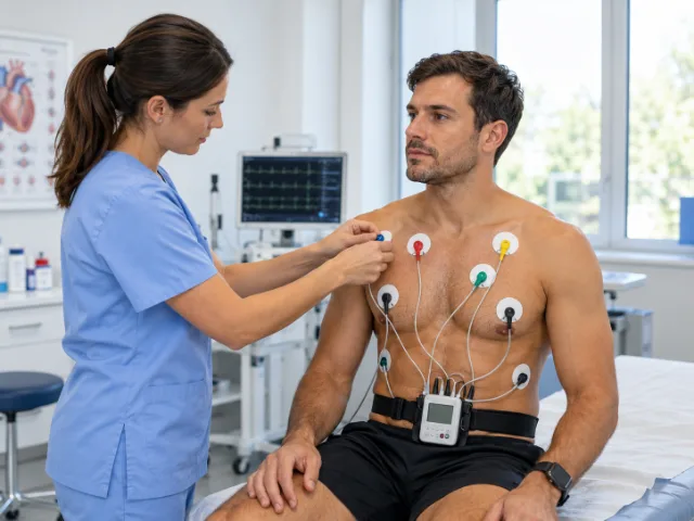 Eine medizinische Fachkraft bringt einem Patienten Elektroden auf dem Brustkorb an, um eine Holter-Überwachung des Herzens durchzuführen. Die Elektroden sind mit einem tragbaren Gerät verbunden.
