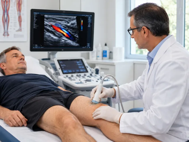 Medico durante un esame Ecodoppler con sonda ecografica e visualizzazione del flusso sanguigno sul monitor.